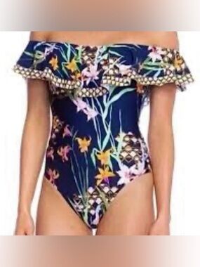 Trina Turk Fiji Floral Swimsuit 14 blue tropical resort